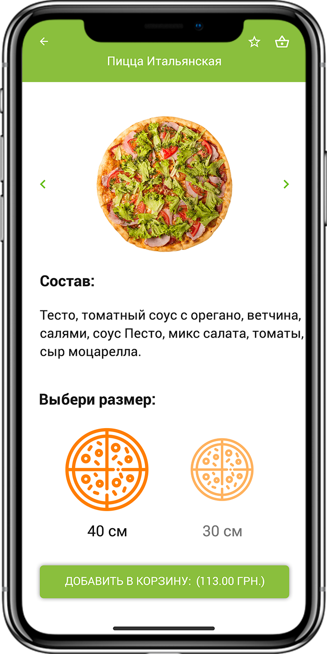 мобильное приложение для доставки еды Николаев Пицца разработчик APPsStudio скрин карточка товара фото